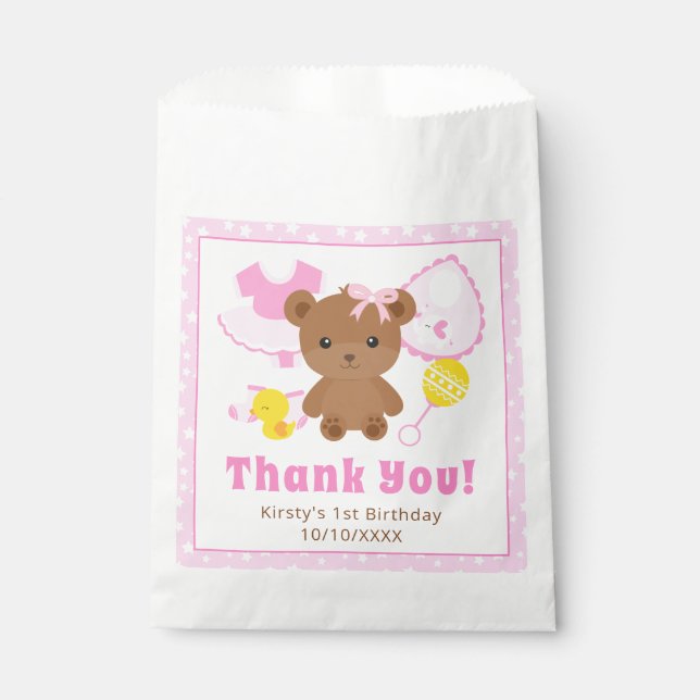 Pink Girl Teddy Bear Clothes Birthday Favour Bag (Front)