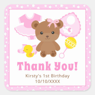 Pink Girl Teddy Bear Clothes Birthday Square Sticker