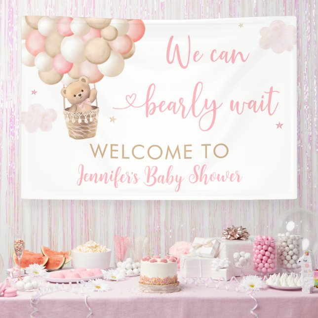 Pink Girl Teddy Bear Hot Air Balloon Baby Shower Banner (Party)