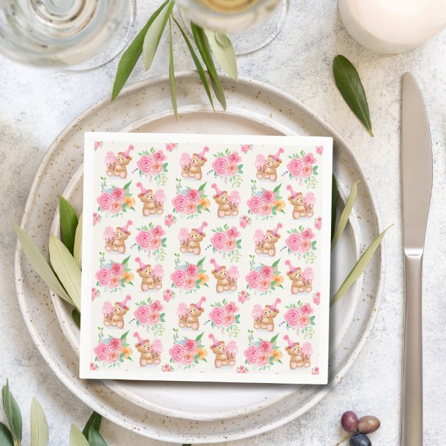 Pink Girl Teddy Bear Ice Cream With Peonies Napkin (Creator Uploaded)