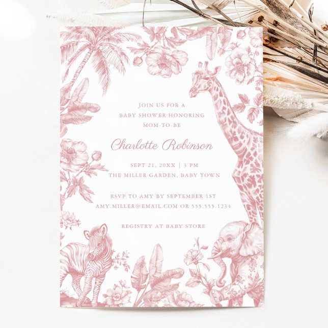 Pink Girl Toile Safari Elegant Baby Shower Invitation (Pink Girl Toile Safari Elegant Baby Shower Invitation)
