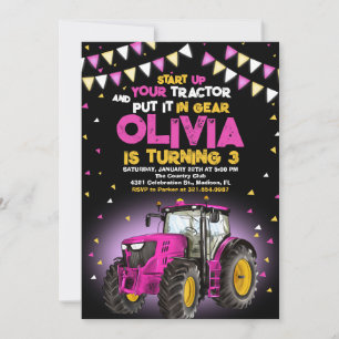 Pink Girl Tractor 3rd Birthday Party Invitation