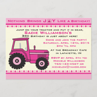 Pink Girl Tractor Birthday Party Invitation