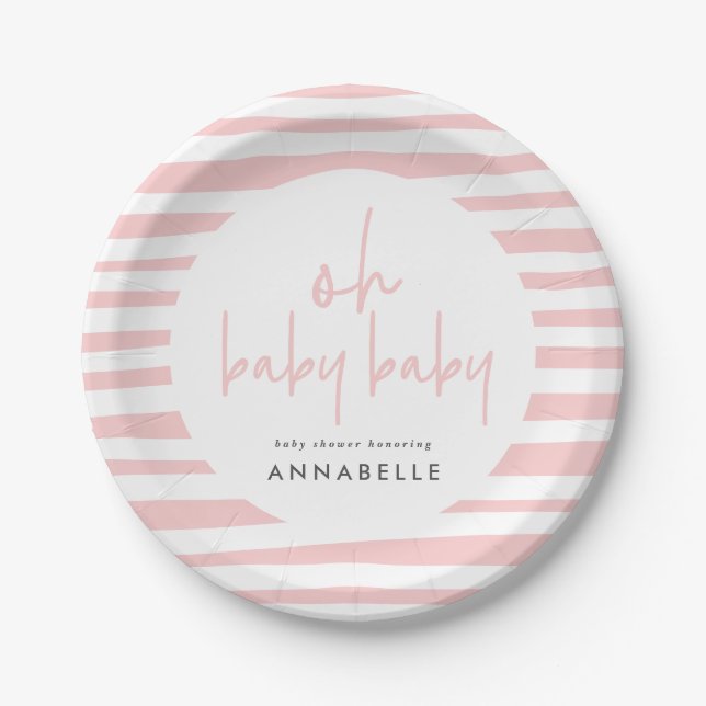 pink girl twin baby shower typography modern party paper plate (Front)