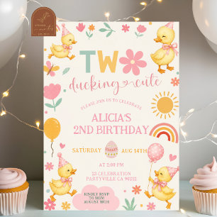 Pink Girl TWO Ducking cute birthday invitation
