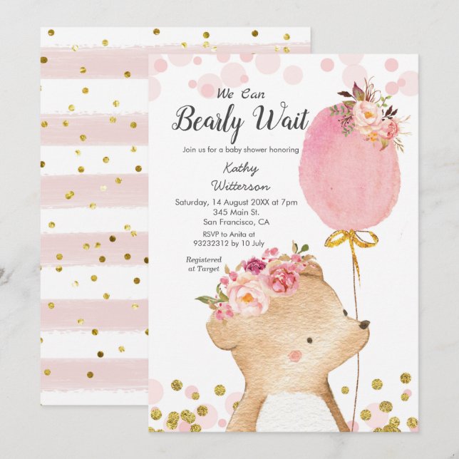 Pink Girl We can bearly wait baby shower Invitation (Front/Back)
