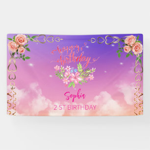 pink girl welcome floral watercolor birthday party banner