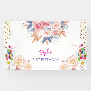 pink girl welcome floral watercolor birthday party banner
