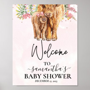 Pink Girl Welcome Highland Cow Calf Baby Shower Poster