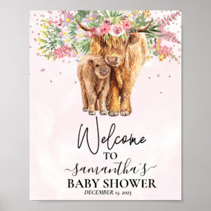 Pink Girl Welcome Highland Cow Calf Baby Shower Poster