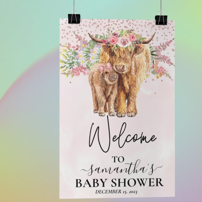 Pink Girl Welcome Highland Cow Calf Baby Shower Poster (Creator Uploaded)