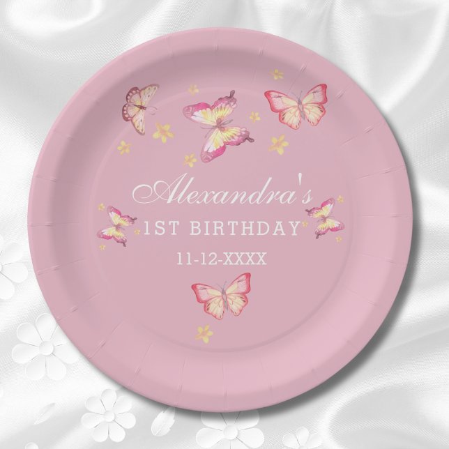 Pink Girl Whimsical Butterfly 1st Birthday Party Paper Plate (Creator Uploaded)