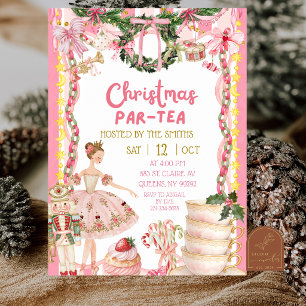Pink Girl Whimsy Nutcracker Christmas Tea Party Invitation