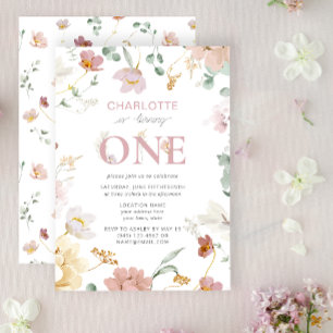 Pink Girl Wildflower Turning One 1st Birthday Invitation