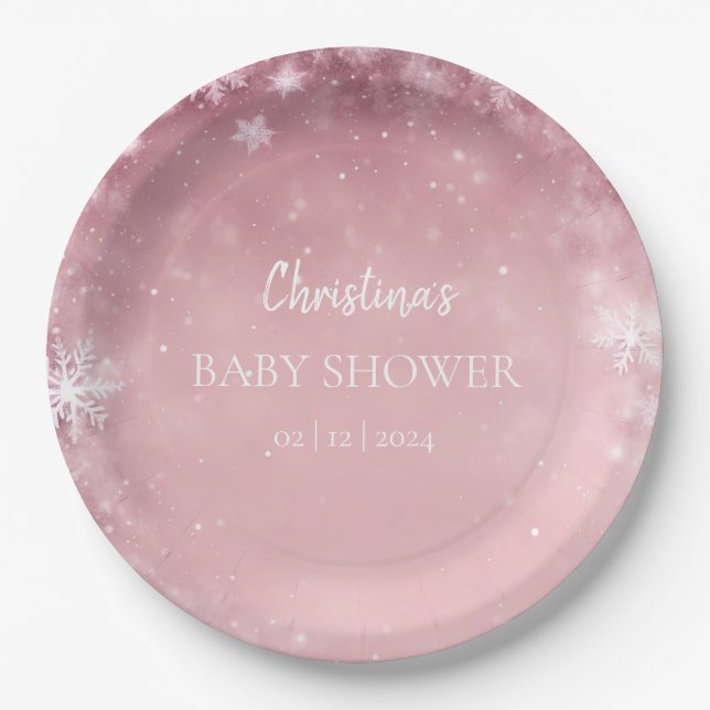 Pink Girl Winter Baby Shower Paper Plate (Front)