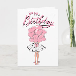 Pink Girl with Heart Balloon Birthday  Card