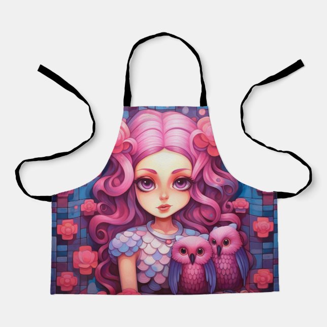 Pink girl with two owls apron (Front)