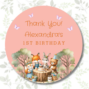 Pink Girl Woodland Animals 1st Birthday Thank You Classic Round Sticker