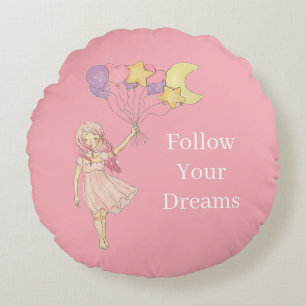 Pink Girl Yellow Purple Heart Stars Moon Balloons Round Cushion