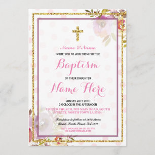 Pink Girl's Baptism Floral Glitter Invitation