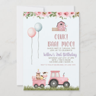 Pink Girls Barn Farm Animals Birthday Invitation