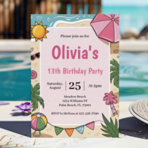 Pink Girls Beach Party Kids Birthday Party Invitation