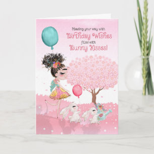 Pink Girls Birthday Wishes and Bunny Kisses Card