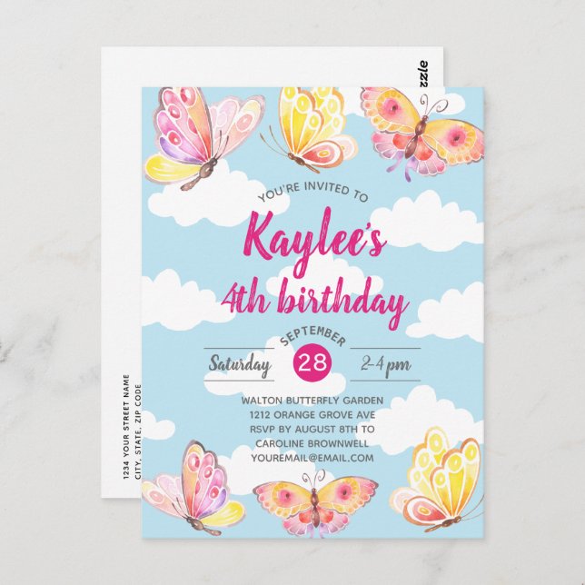 Pink Girls Butterfly Birthday Party Invitation Postcard (Front/Back)
