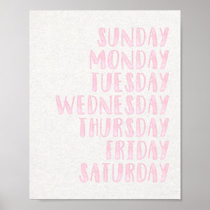 Pink Girls Days of the Week Educational Nursery Poster