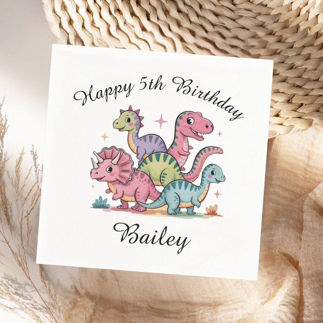 Pink Girls Dinosaur Birthday Napkin (Creator Uploaded)