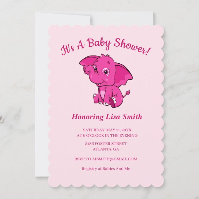 Pink Girl's Elephant Baby Shower Invitation (Front)