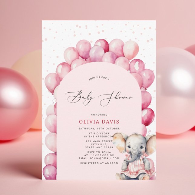 Pink Girl's Elephant & Balloon Baby Shower Invitation (Creator Uploaded)