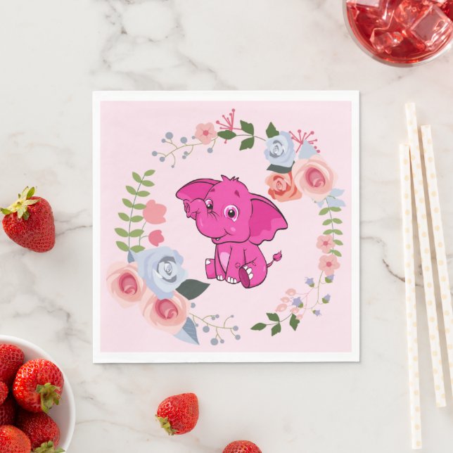 Pink Girl's Elephant Floral Baby Shower Napkin (Insitu)
