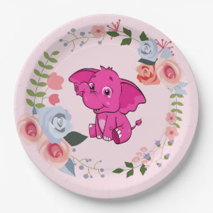 Pink Girl's Elephant Floral Baby Shower Paper Plate