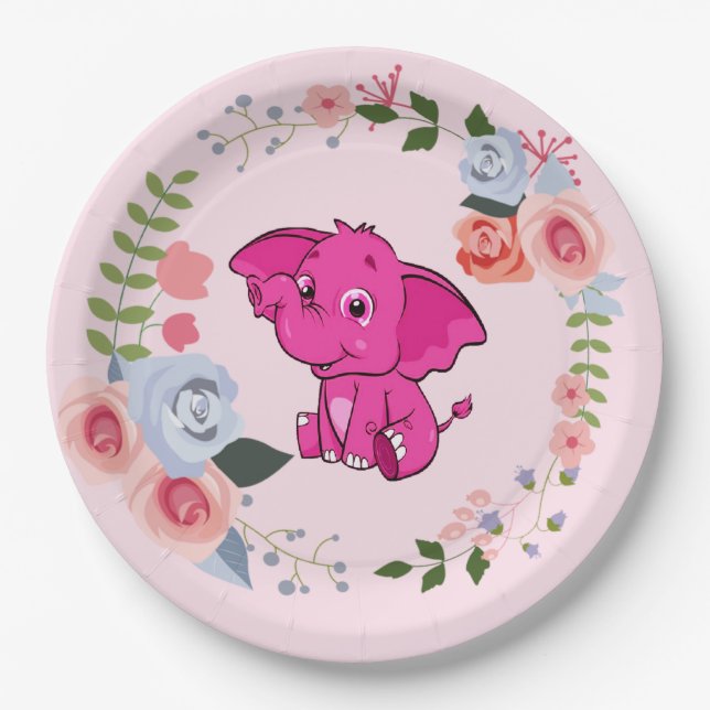 Pink Girl's Elephant Floral Baby Shower Paper Plate (Front)