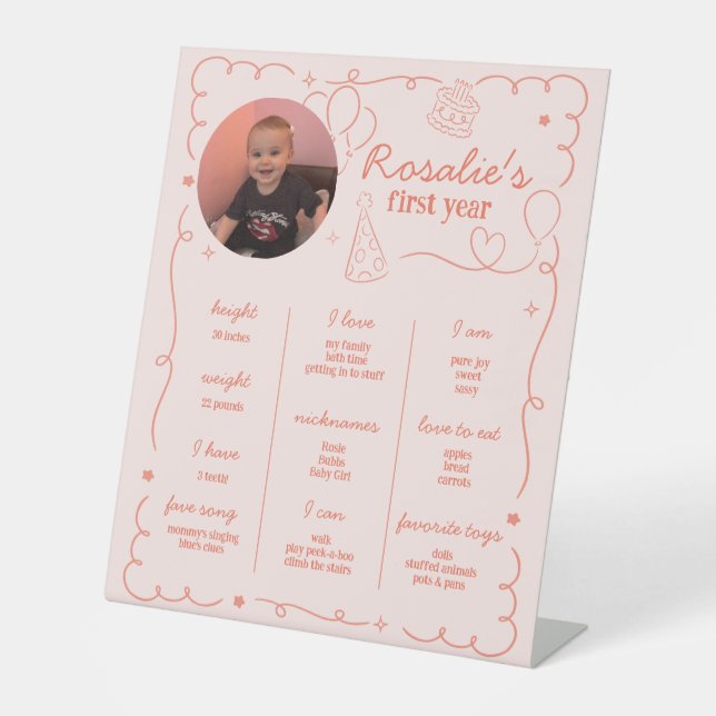 Pink Girl's First Birthday Milestone Timeline Pedestal Sign (Front)