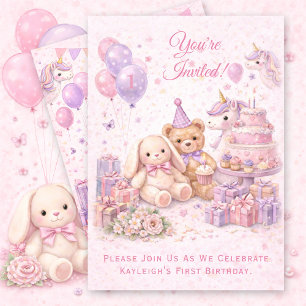 Pink Girl's First Birthday Party   Invitation