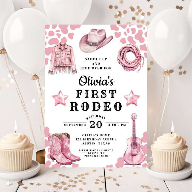 Pink Girl's First Rodeo 1st Birthday Invitation (Pink Girl's First Rodeo 1st Birthday Invitation)