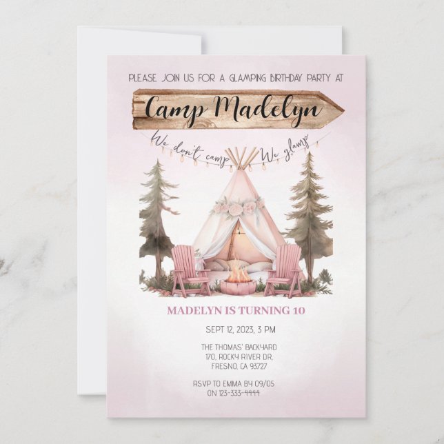 Pink Girls Glamping Under the Stars Kids Birthday  Invitation (Front)
