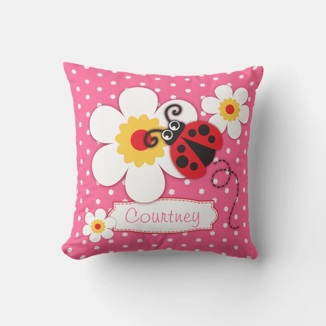 Pink girls ladybug name flower polka dot pillow (Front)