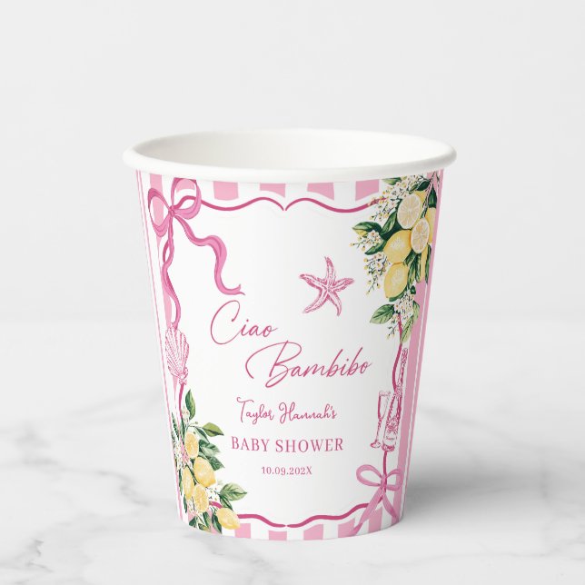 Pink Girls Lemon Ciao Baby Italian Baby Shower Paper Cups (Front)