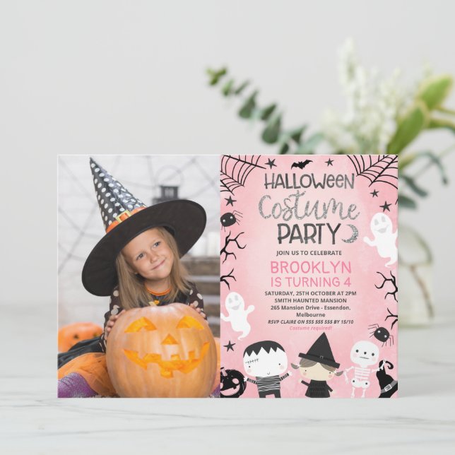 Pink Girls Photo Halloween Party Birthday Invitation (Standing Front)