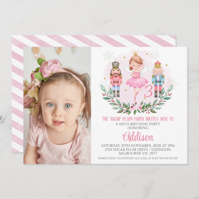 Pink Girls Photo Sugar Plum Fairy Birthday Invitation (Front/Back)