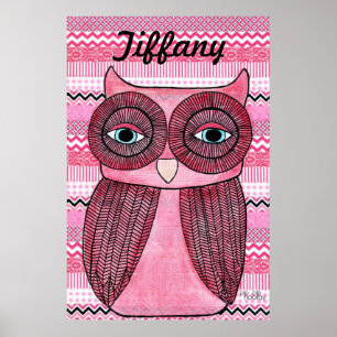 Pink Girls Room Chevron Stripes Owl Art Poster