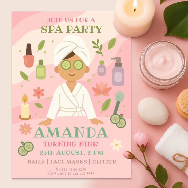Pink Girls Spa Birthday, Robes, Face Masks, Candle Invitation (Creator Uploaded)