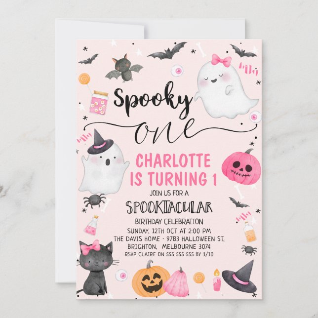Pink Girls Spooky One Halloween 1st Birthday Invitation (Front)