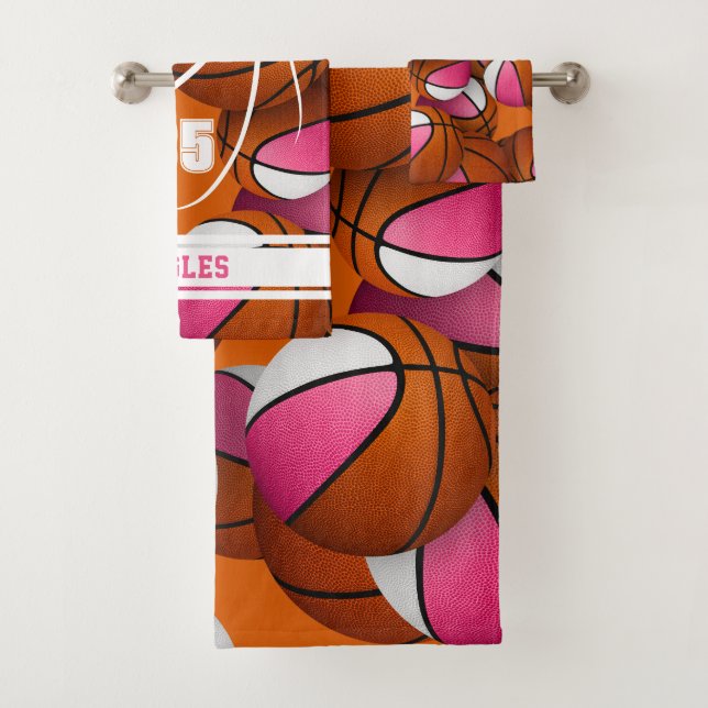 pink girls sports basketball player name  bath towel set (Insitu)
