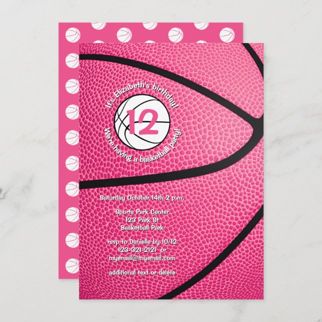 pink girls sports party basketball invitation (Front/Back)