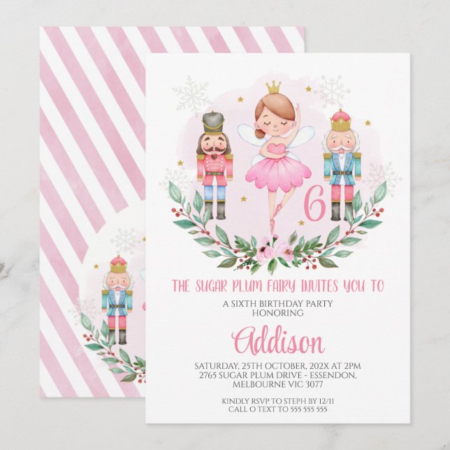 Pink Girls Sugar Plum Fairy Birthday Invitation (Front/Back)