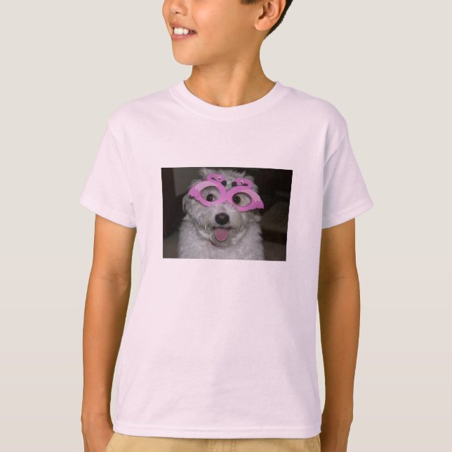 pink girl's T-shirt with picture of cute dog (Front)